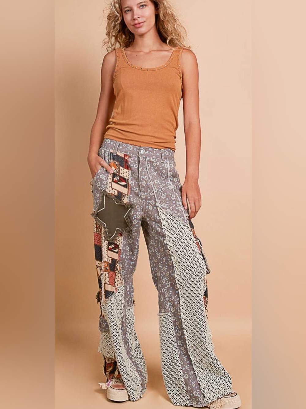 POL / Boho Printed Patchwork Pants / Wide-Leg Pants - Gray Multi